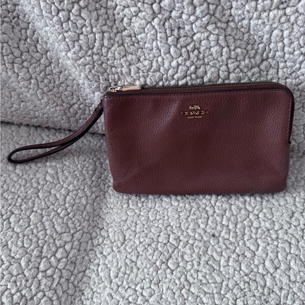 Coach Cognac Brown Leather Double Corner Zip Wristlet Wallet